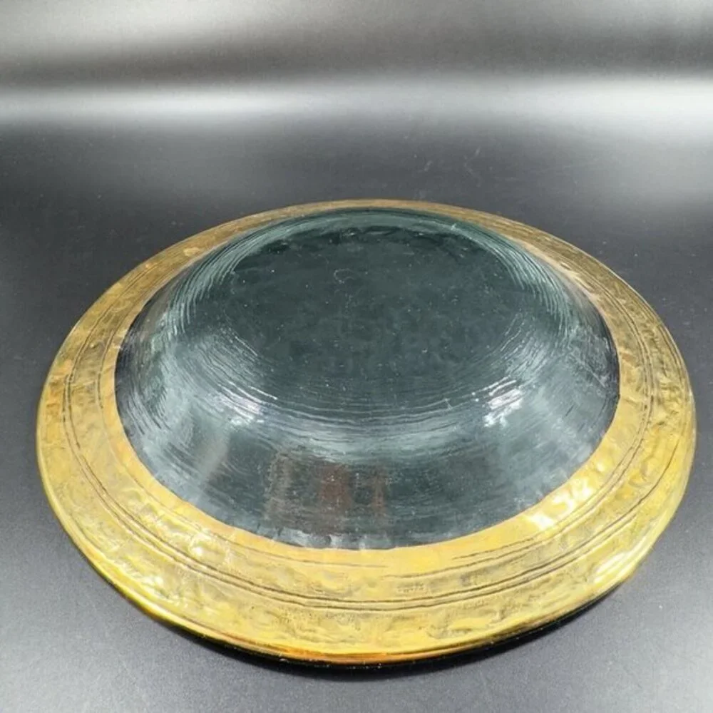 Vintage Italian Hand Made Fused Art Glass Plate Dish Transparent Green With Gold